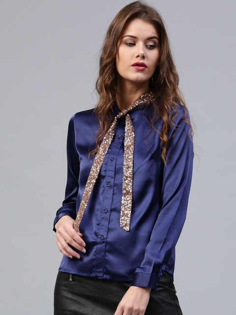 

SASSAFRAS Women Blue Satin Finish Solid Shirt Style Top