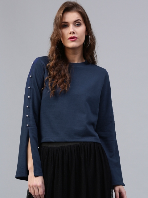 

SASSAFRAS Women Navy Blue Solid Pure Cotton Top
