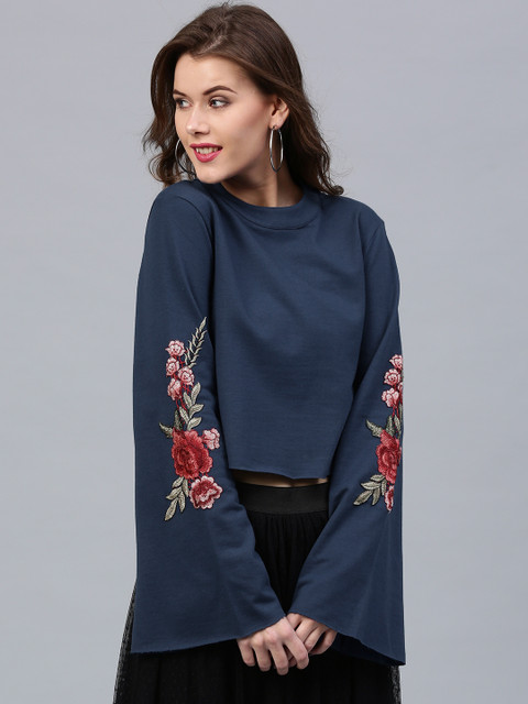 

SASSAFRAS Women Navy Blue Solid Crop Pure Cotton Top