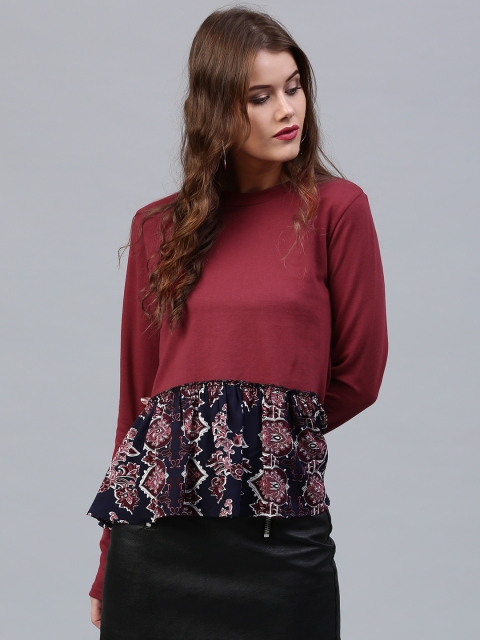 

SASSAFRAS Women Maroon Printed A-Line Pure Cotton Top