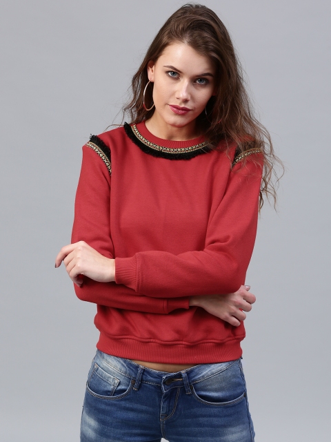 

SASSAFRAS Women Red Solid Sweatshirt