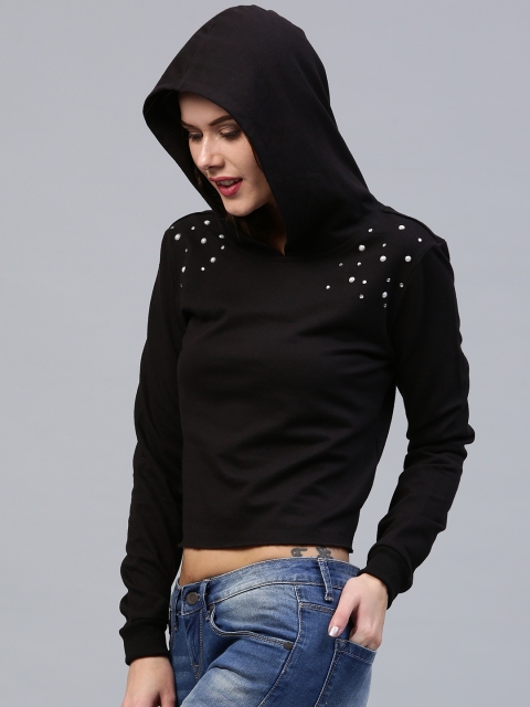 

SASSAFRAS Women Black Solid Hooded Crop Sweatshirt with Embellishments