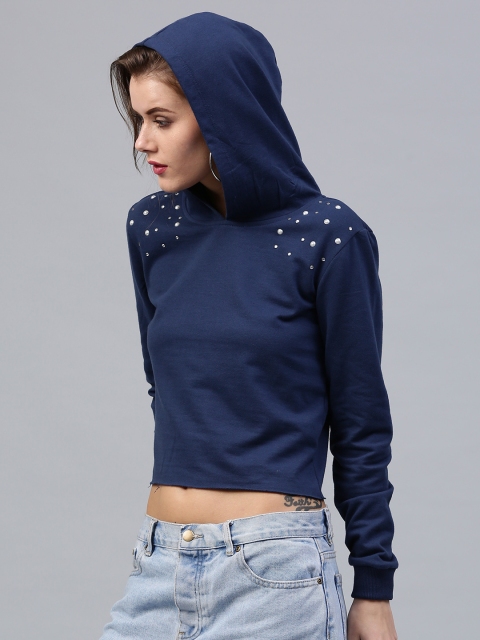 

SASSAFRAS Women Navy Blue Solid Hooded Crop Sweatshirt with Embellishments