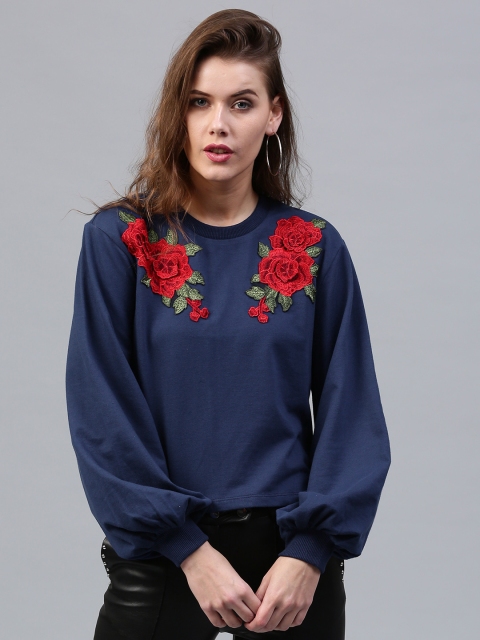 

SASSAFRAS Women Navy Blue Sweatshirt with Floral Embroidery
