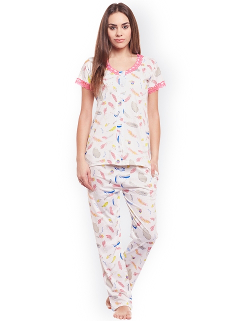 

Claura Women Cream-Coloured & Multicoloured Printed Night suit Cot-67