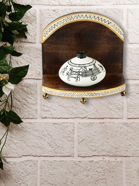 

ExclusiveLane Brown & White Terracotta Warli Hand-Painted Pot With Wooden Shelf