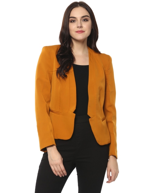 

Pannkh Women Mustard Yellow Solid Open Front Jacket