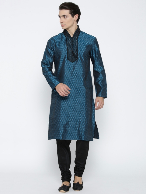 

Manish Creations Men Teal Blue & Black Self-Design Kurta with Pyjamas