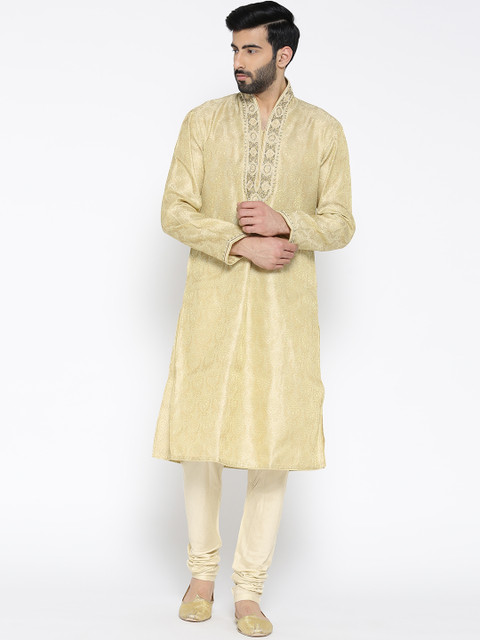 

Manish Creations Men Beige Self Design Kurta with Pyjamas