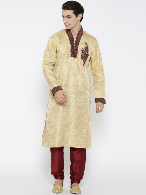 

Manish Creations Men Beige & Maroon Self Design Kurta with Pyjamas