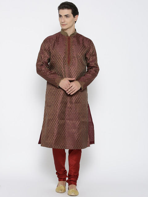 

Manish Creations Men Mauve & Red Self-Design Kurta with Pyjamas