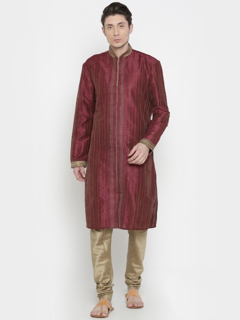 

Manish Creations Men Maroon & Beige Striped Kurta with Churidar