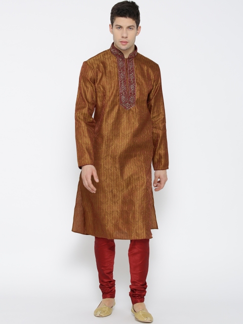 

Manish Creations Men Mustard Brown & Maroon Self-Design Kurta with Pyjamas