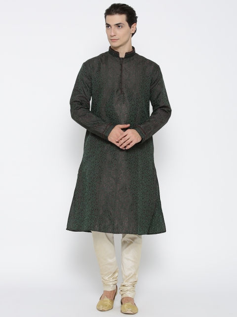 

Manish Creations Men Green & Cream-Coloured Self-Design Kurta with Pyjamas