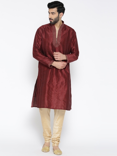 

Manish Creations Men Maroon & Beige Striped Kurta with Pyjamas