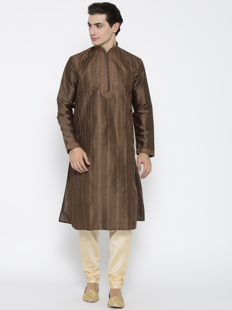 

Manish Creations Men Brown & Cream-Coloured Striped Kurta with Pyjamas