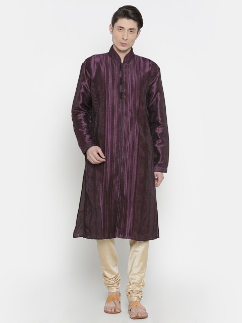 

Manish Creations Men Purple & Beige Striped Kurta with Churidar