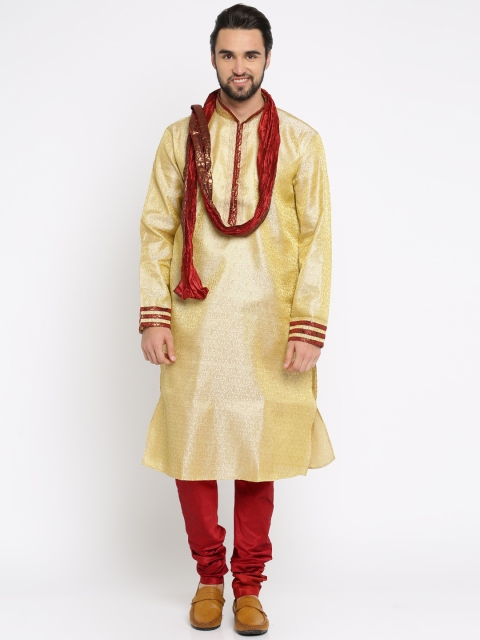 

Manish Creations Men Cream & Maroon Self Design Kurta with Churidar & Dupatta
