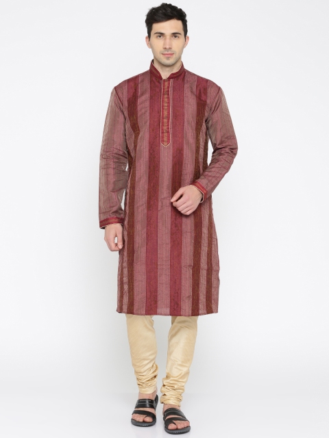 

Manish Creations Men Maroon & Cream-Coloured Striped Kurta with Pyjamas