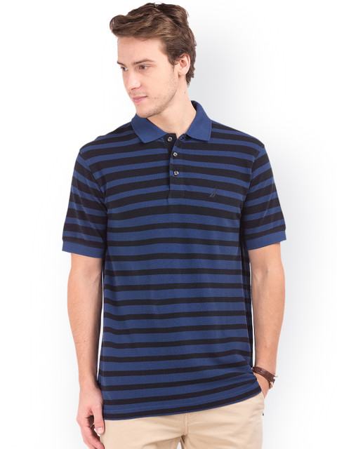 

Nautica Men Blue & Black Striped Slim Fit Pollo Collar T-shirt