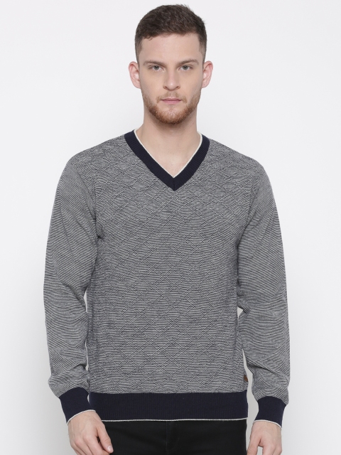 

Raymond Men Navy & Off-White Striped Sweater, Navy blue