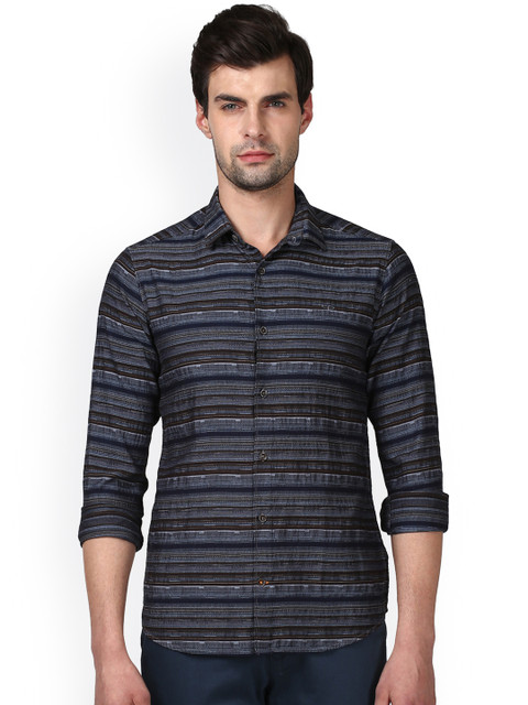 

ColorPlus Men Navy Blue & Black Regular Fit Striped Casual Shirt