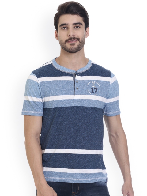 

VUDU Men Blue Striped Henley Neck T-shirt