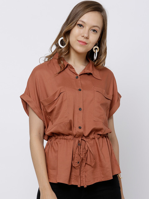 

Tokyo Talkies Women Rust Brown Solid Shirt Style Top