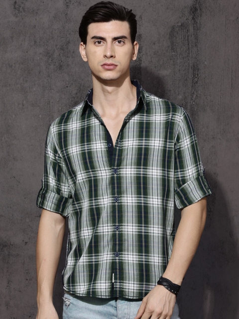 

Roadster Men Navy & Green Regular Fit Checked Casual Shirt, Navy blue