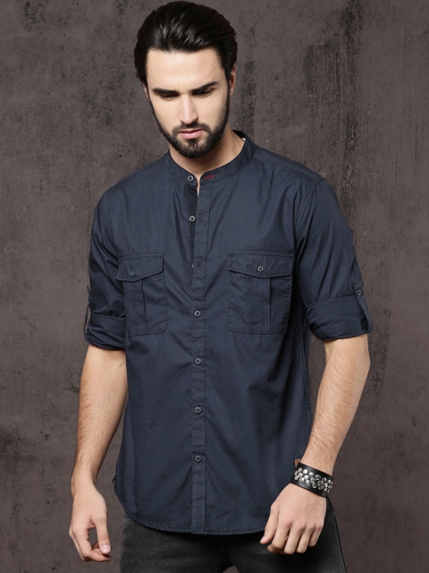 

Roadster Men Navy Regular Fit Solid Mandarin Collar Casual Shirt, Navy blue