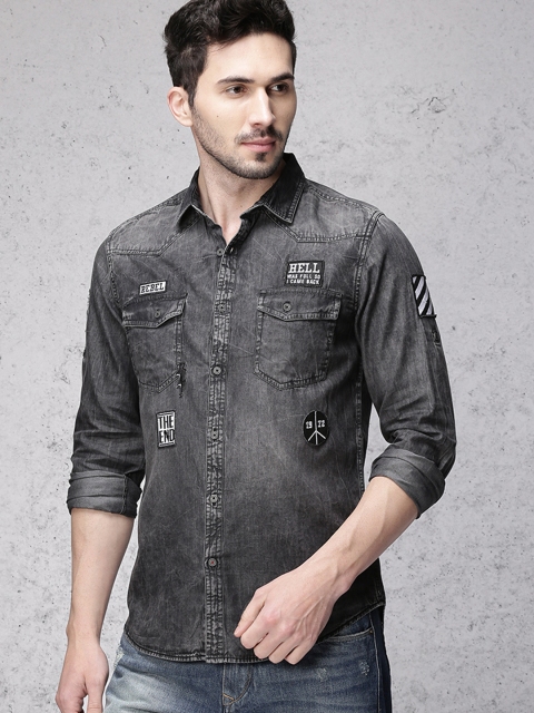 

Ecko Unltd Men Black Slim Fit Faded Denim Casual Shirt