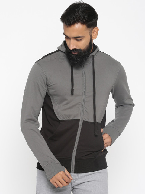 

Roadster Men Grey & Black Colourblocked Hooded Sweatshirt
