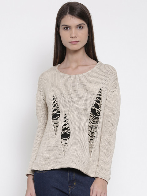 

People Women Beige Self Design Sweater