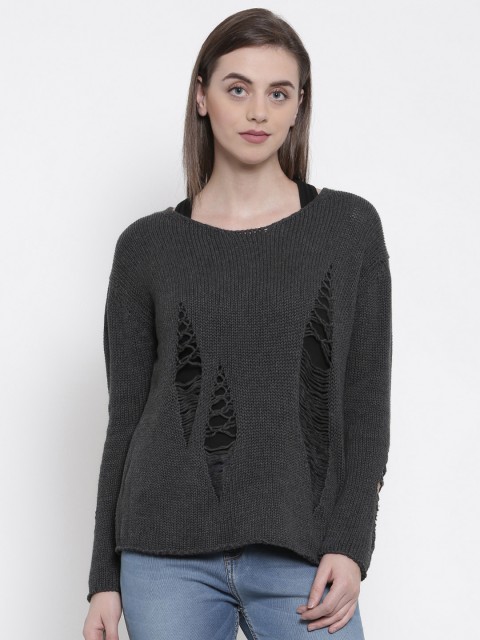

People Women Charcoal Grey Self Design Sweater