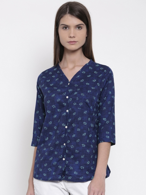 

People Women Navy Blue Printed Shirt Style Pure Cotton Top