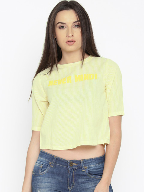 

People Women Yellow & White Striped Blouson Crop Top