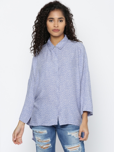 

People Women Blue Printed High-Low Top