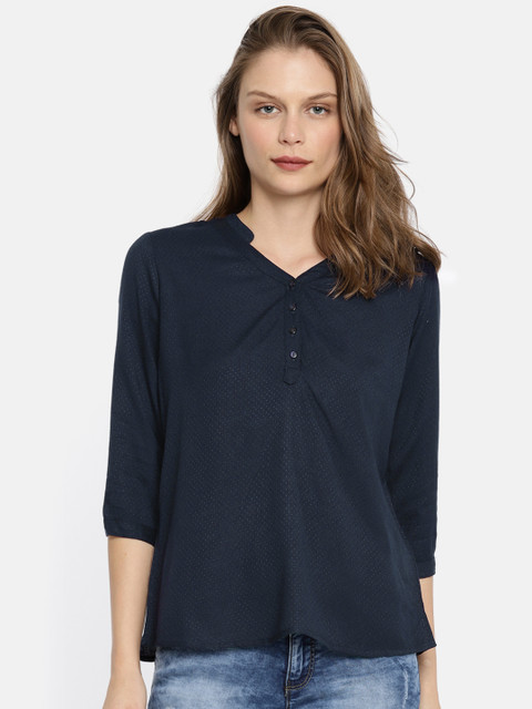 

People Women Navy Blue Solid Shirt Style Top
