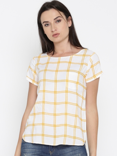 

People Women White & Yellow Checked High-Low Top