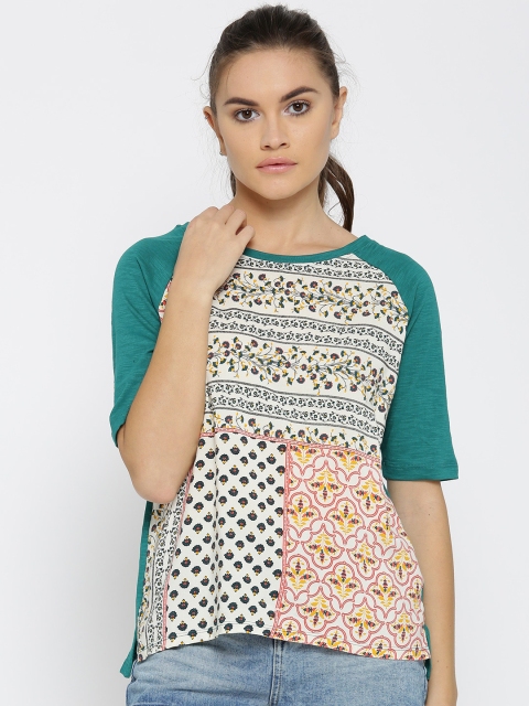 

People Women Off-White & Green Printed Top, Teal