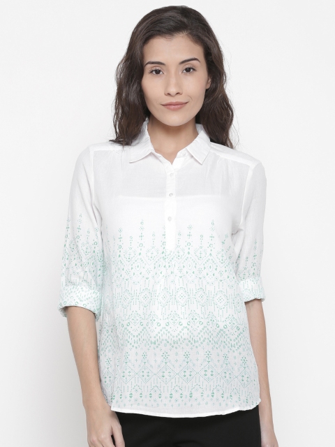 

People Women White Printed Semi-Sheer Shirt Style Top