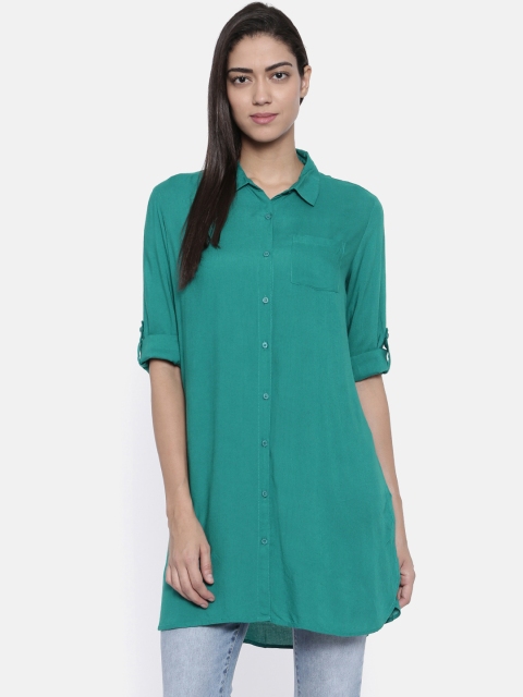 

People Women Green Regular Fit Solid Longline Casual Shirt