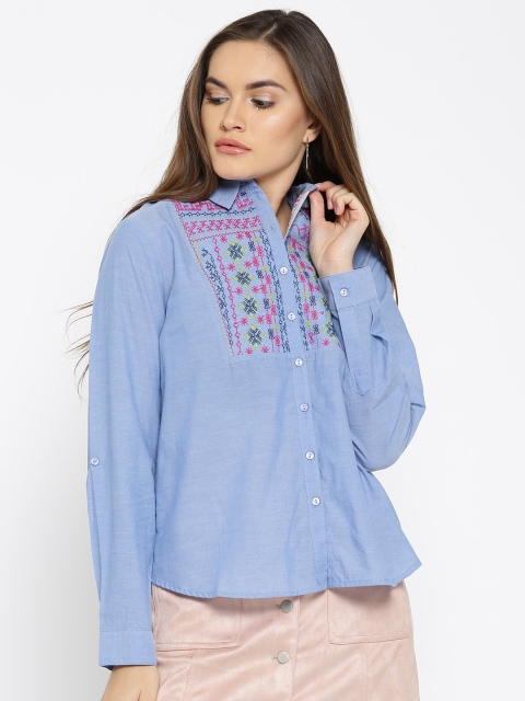

People Women Blue Embroidered Detail Casual Shirt