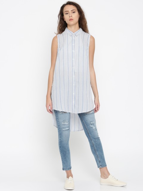 

People Women Blue & White Striped High-Low Hem Shirt