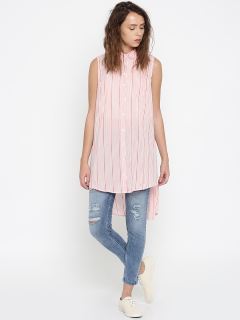 

People Women Red & White Striped Casual High-Low Hem Shirt