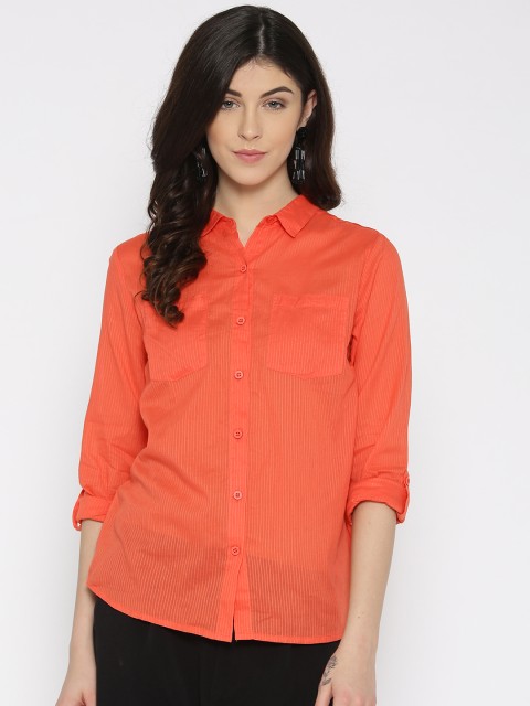 

People Women Red Regular Fit Striped Casual Shirt