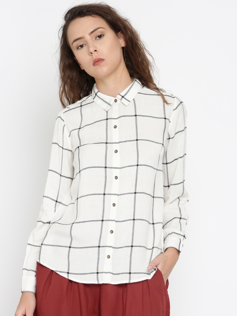 

People Women White & Black Regular Fit Checked Casual Shirt