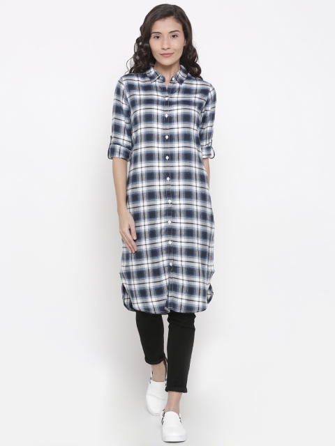 

People Women Blue & White Regular Fit Checked Longline Casual Shirt