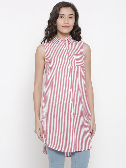 

People Women White & Red Regular Fit Striped Casual Shirt