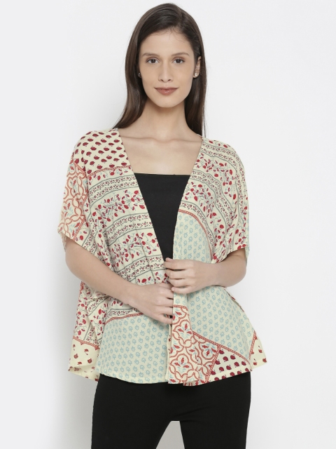 

People Cream-Coloured & Pink Printed Open Front Shrug
